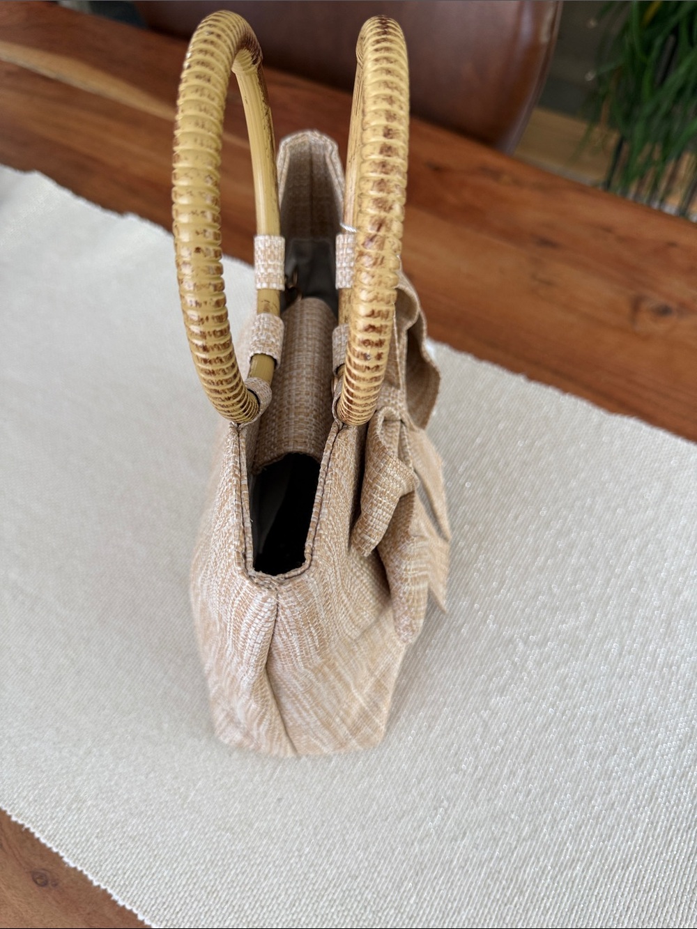 TOMMY BAHAMA Bow Accent Woven Tote Bag with Bamboo Handles - Beige - Picture 2 of 9